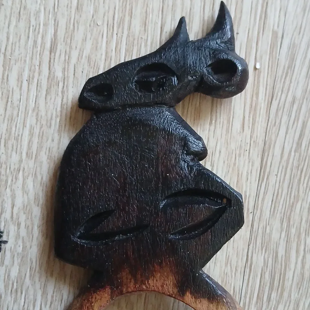 Vintage 80's Hand Carved Napkin Rings Wood Polished Artisan Ethnic Rhino Animals